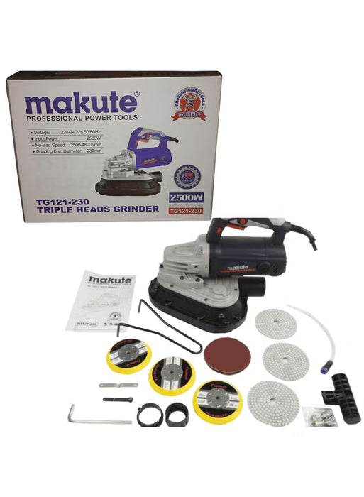 2500W Three-Head Floor Sander with Vacuum – Dust-Free Triangular Concrete Grinder, Edge Polisher & Wall Putty Refurbishment Machine – 230mm Variable Speed Electric Tool(TG121-230)