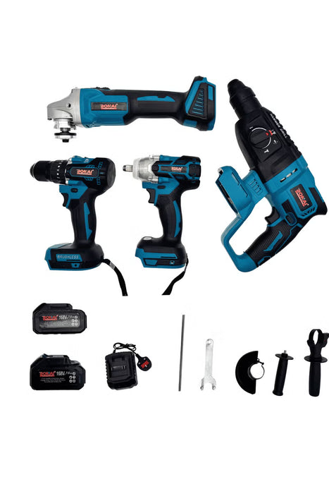 4-in-1 Cordless Brushless Power Tool Set with Drill, Impact Wrench, Hammer Drill, Grinder (BN-HK47)