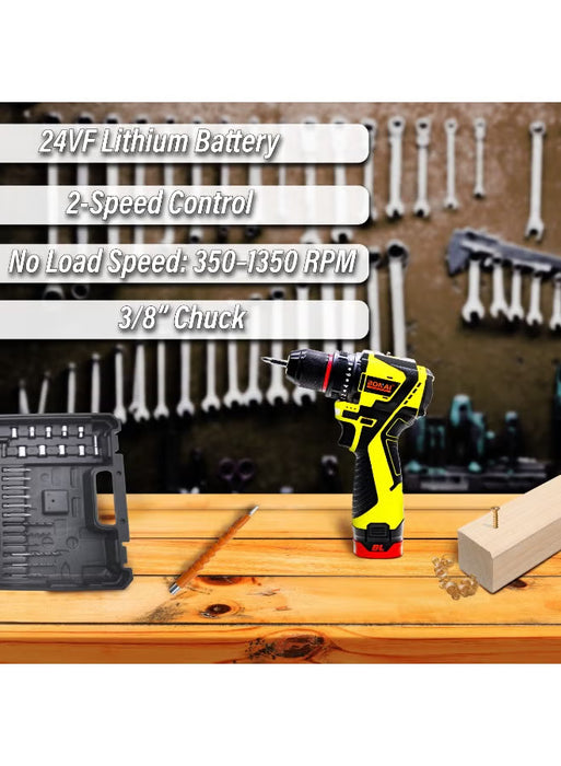 24V Cordless Drill Driver 3/8” Keyless Chuck, 2-Speed 350–1350RPM, Variable Torque, Forward Reverse Control, 21-Piece Bit & Socket Set with Carry Case (BN-HK117)