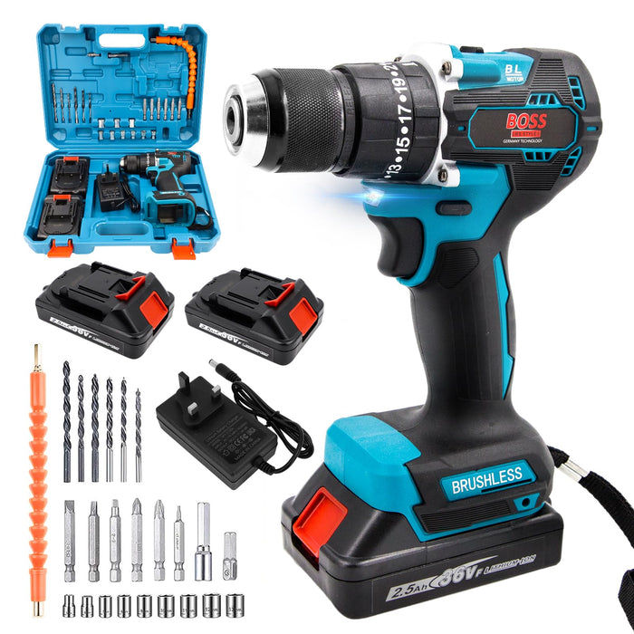 High Power Cordless Impact Drill Kit 36V Lithium Battery, Home,Office Tools Set Combi Hammer Drill 2 Batteries for Metal Wood Masonry Drilling and Screw driving