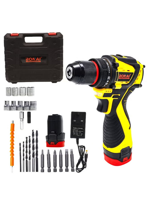 24V Cordless Drill Driver 3/8” Keyless Chuck, 2-Speed 350–1350RPM, Variable Torque, Forward Reverse Control, 21-Piece Bit & Socket Set with Carry Case (BN-HK117)