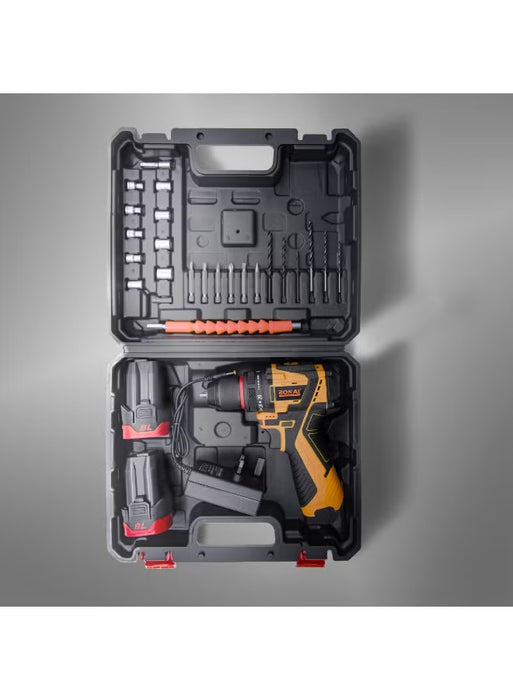 24V Cordless Drill Driver 3/8” Keyless Chuck, 2-Speed 350–1350RPM, Variable Torque, Forward Reverse Control, 21-Piece Bit & Socket Set with Carry Case (BN-HK117)